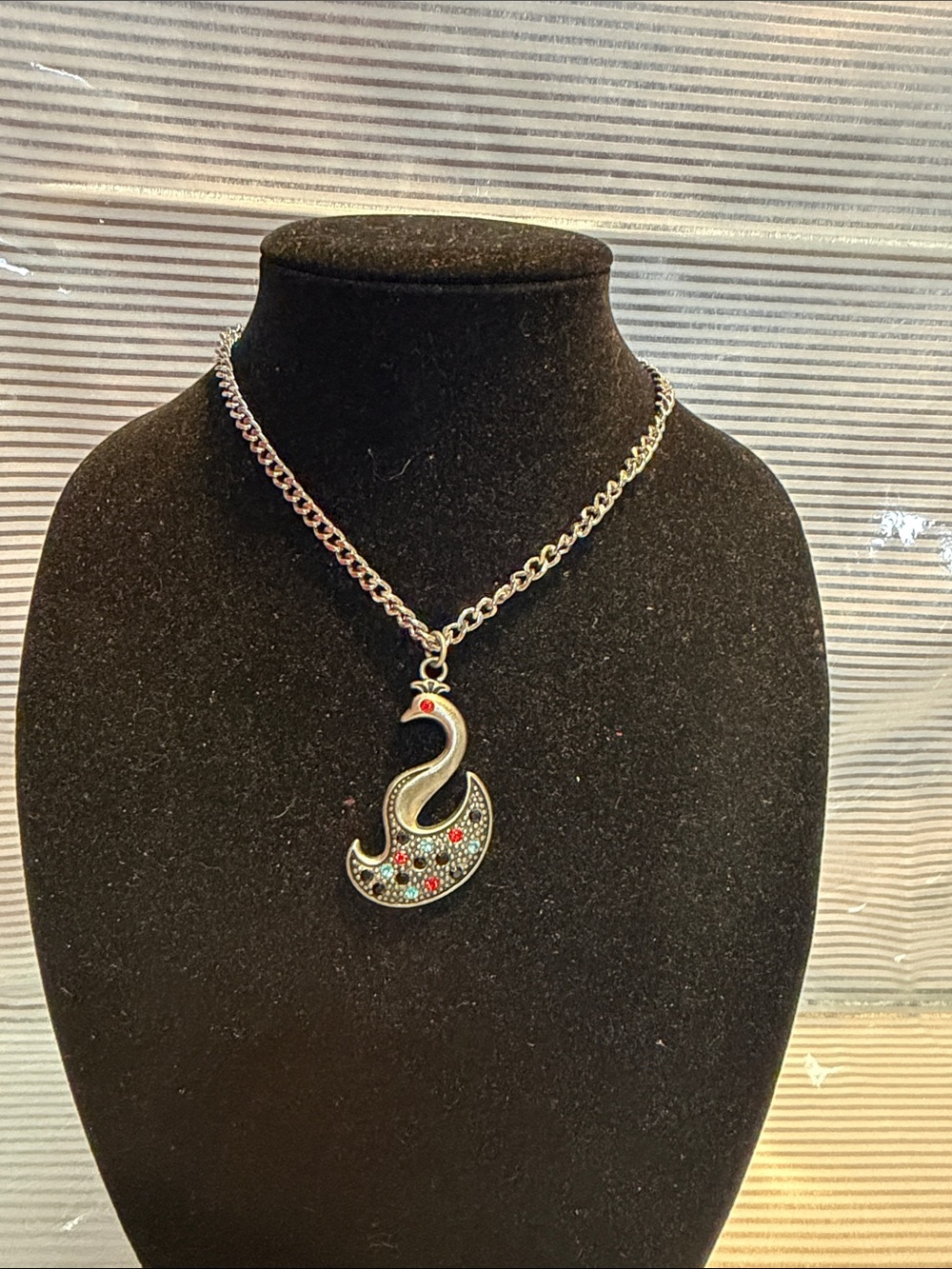 Source Unknown Silver-tone Swan Necklace with Red and Teal Accents